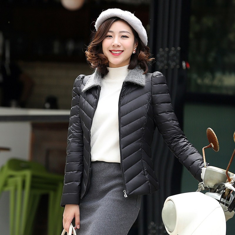 千仞岗2018春季新品短款轻薄女士羽绒服可拆兔毛领修身显瘦20051 160/S 005黑色