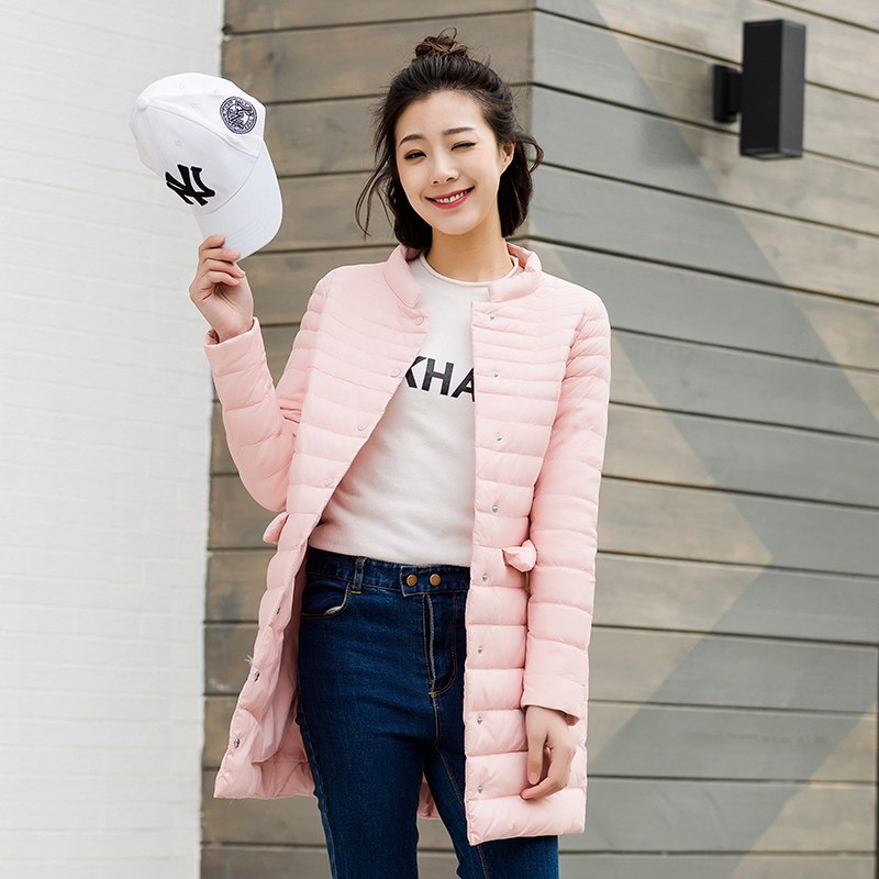 千仞岗2018春季新品羽绒服女中长款轻薄羽绒服立领显瘦H版219022 175/XL 樱花粉101