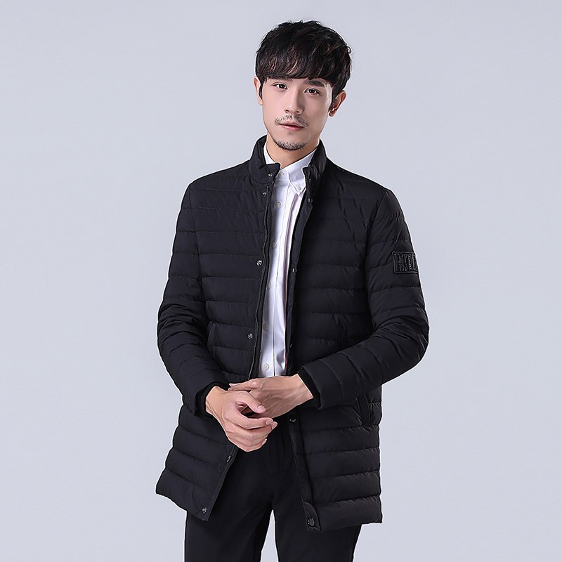 千仞岗2018春季新品轻薄羽绒服男装商务立领中长款羽绒服219522 190/4XL 魔力黑88005