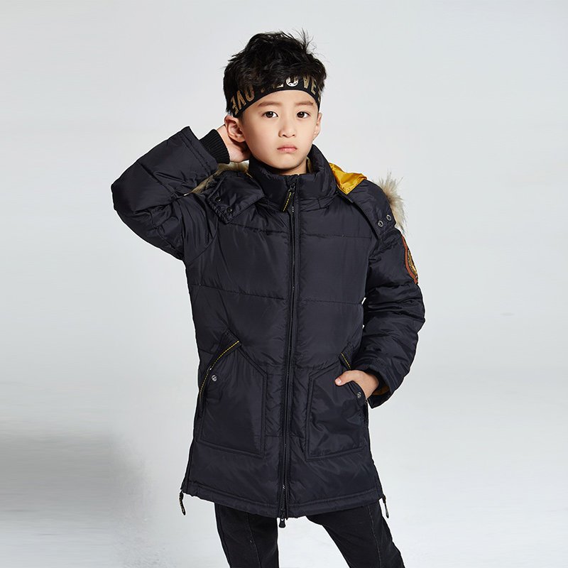 千仞岗2018秋冬新品男童连帽毛领中长款童装羽绒服加厚保暖20889 150cm 黑色005