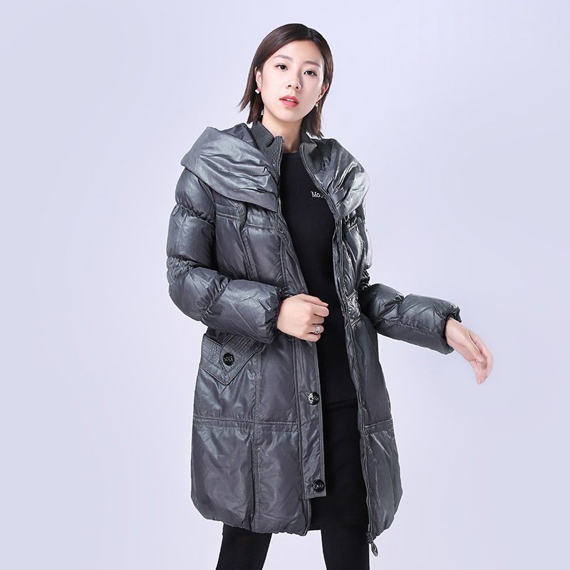 千仞岗品牌中年女款羽绒服中老年女款连帽修身中长款冬装外套Q-1622 110水灰 165/M