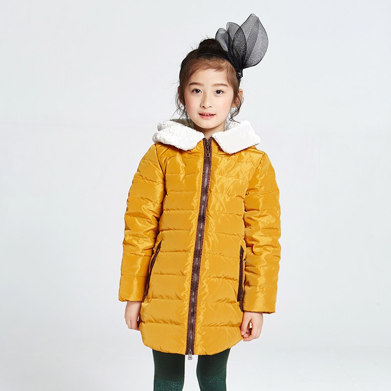 千仞岗2018新品冬装童装羽绒服中长款韩版女童仿羊羔毛帽里19853 140cm 黄色333/337