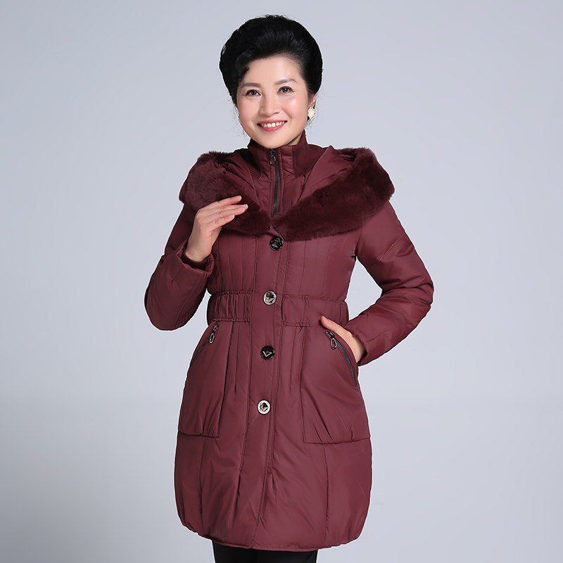 千仞岗品牌中老年女羽绒服獭兔毛领连帽中长款修身中年妈妈装_3 170/L 红褐色173
