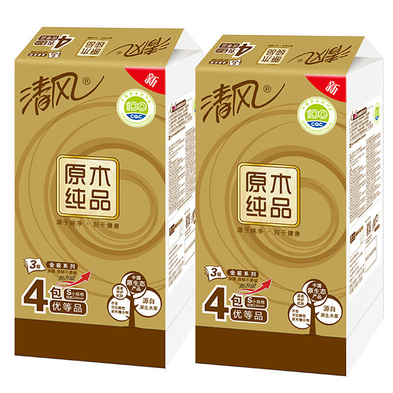 清风原木纯品金装系列M号面巾纸3层120抽*8包