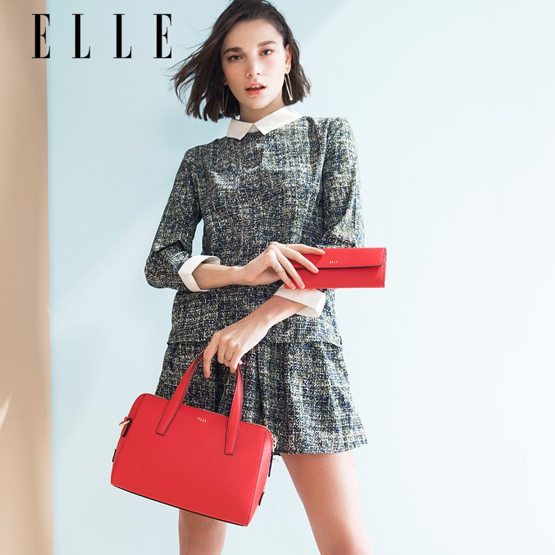 ELLE女包 2018年春夏新款 时尚波士顿款套包 女包单肩包手提包斜挎包 方形包包 长款钱包票夹 33111 红色