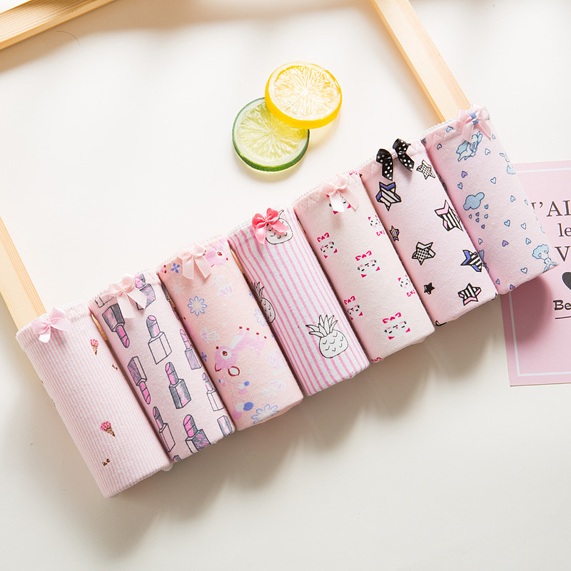 初愫7条装纯棉裆棉质大码中腰蕾丝少女三角内裤 XL 迷人萌粉