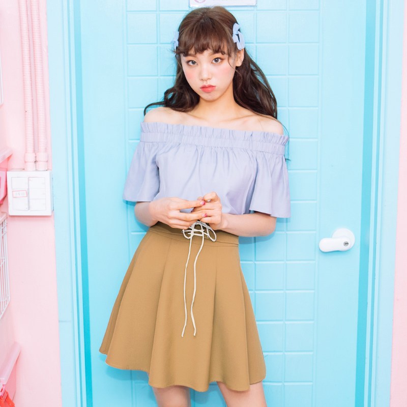 韩都衣舍2018夏装新款女装韩版一字肩裙装小心机时尚套装RW8376瑒_1 L 蓝色