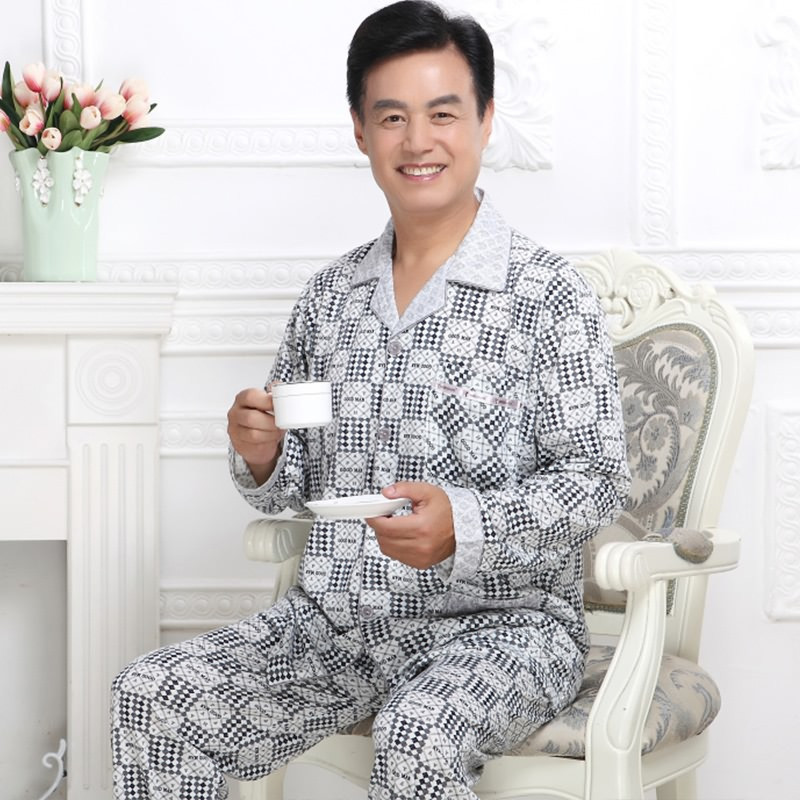 中老年人睡衣男春秋季开衫长袖棉质加大加肥男士爸爸休闲家居服 春秋天针织棉中年老年人公公居家服套装7606 2XL码 3号款