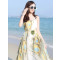 初逊波西米亚领子褶皱无袖超大下摆雪纺长款连衣裙 XL 宽扣腰带白底蓝色