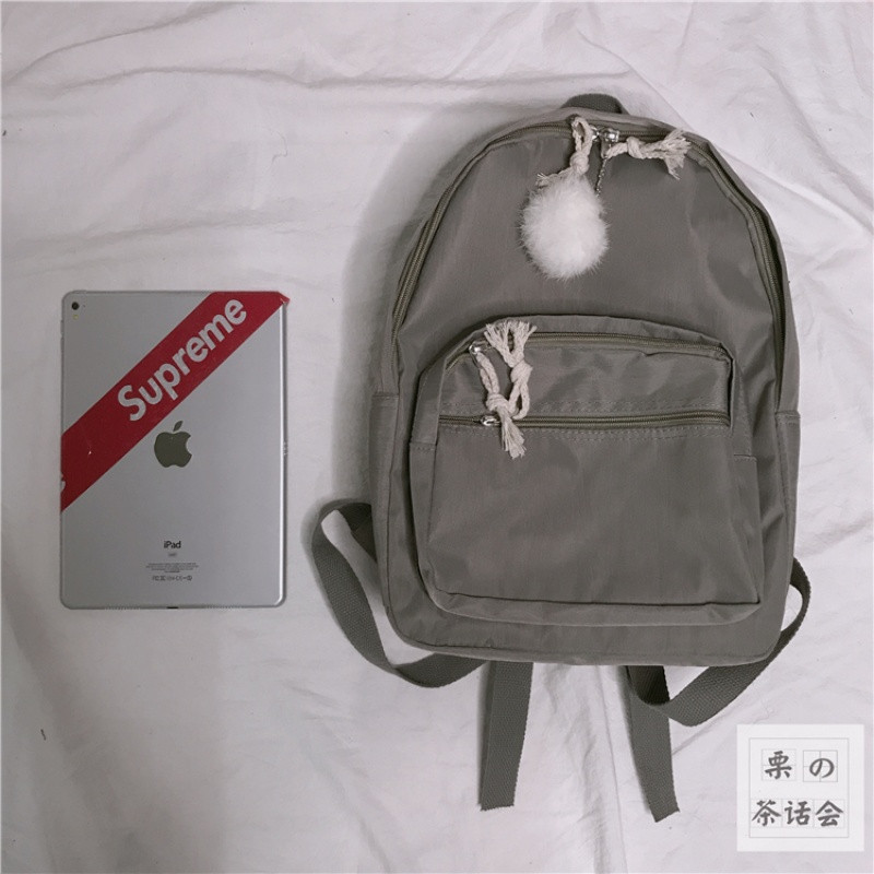 茶话会日系原宿风软妹少女纯色双肩包女可爱毛球学生书包旅行背包_9 灰色小号LP