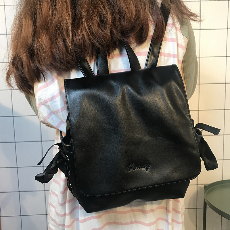 日系软妹甜美少女WE购刺绣蝴蝶结丝带旅行双肩书包街拍少女背包_2 黑色