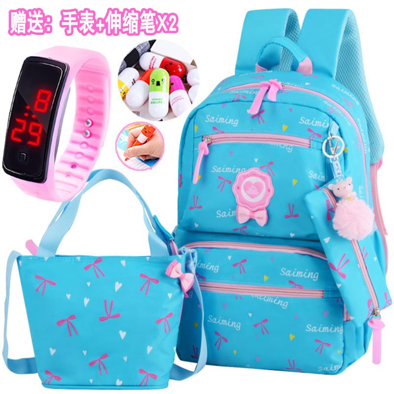 书包小学生1-3-6年级女孩女童双肩包6-12-周岁护脊减负儿童背包 天蓝色8850#蝴蝶结毛球套装送手环手表+笔2