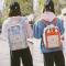 原宿风防水帆布双肩包女中学生韩版小清新书包少女bf学院风背包潮_20 米灰配橘红【小号】【送小熊+笔袋】
