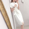 与牧短袖裙子女2018夏季新款时尚女神范淑女气质蝴蝶结细带收腰连衣裙8303 2XL 白色