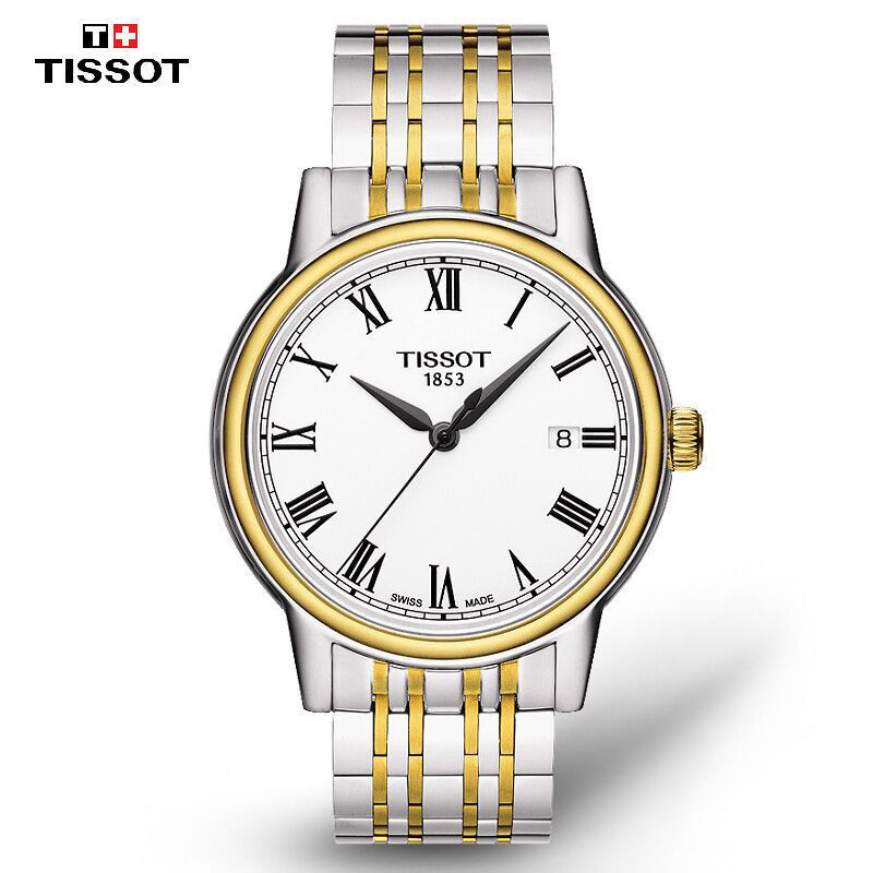 全国联保 天梭(TISSOT)钢带手表 卡森系列石英表瑞士男表 超薄数字罗马盘防水男士手表 皮带款男士腕表 罗马间金钢带T085.410.22.013.00