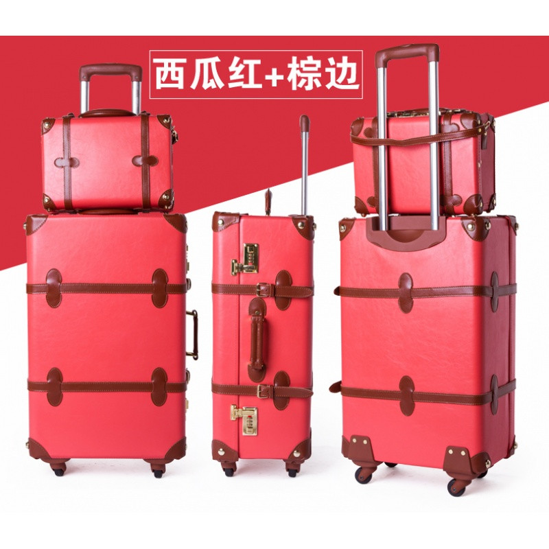 婚庆箱复古拉杆箱结婚旅行箱万向轮陪嫁红色皮箱行李箱女化妆箱包_7 20寸[单母箱] 西瓜红配棕边
