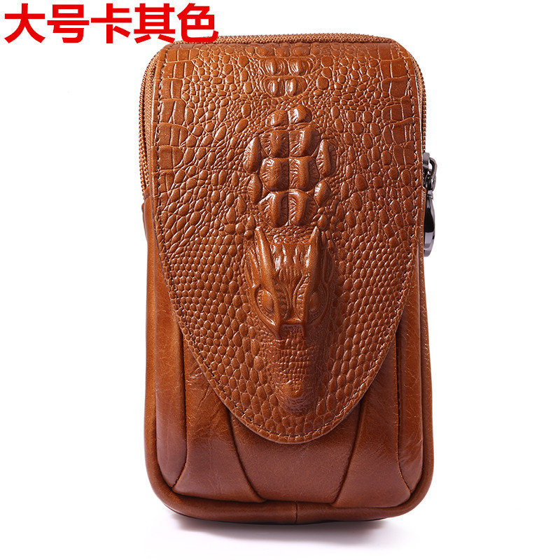 6寸手机包真皮男士腰包穿皮带竖款头层牛皮手机带包韩版钱包 大号卡其色
