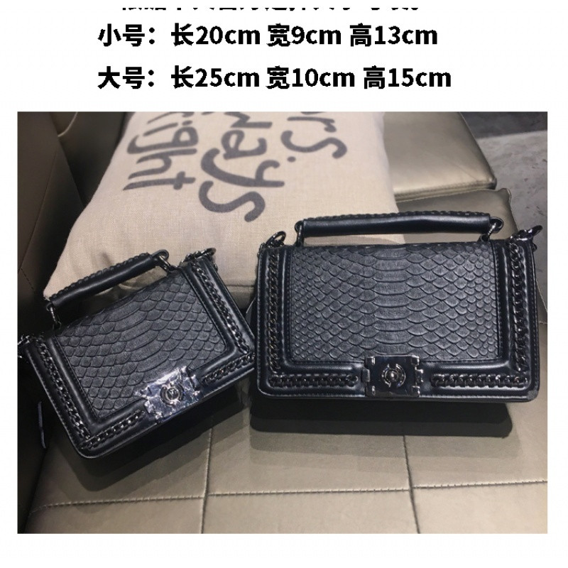 真皮蛇纹女包小香风斜挎包上新韩版链条包小方包单肩包手提小包包_3 黑色大号