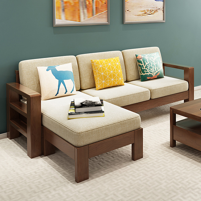 老故居 实木沙发 现代中式布艺沙发 转角组合实木沙发 大小户型客厅木质家具 三人位+脚踏+茶几（榉木色）