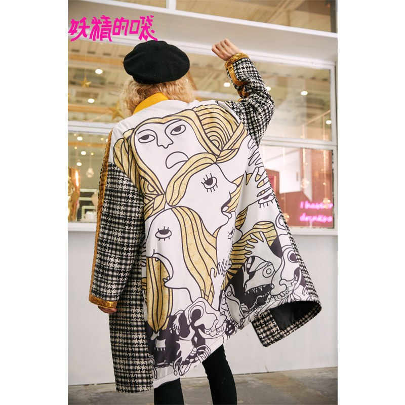 妖精的口袋Y秋冬装2018新款POLO领格子长款chic复古毛呢外套女S_1 L 黑白色