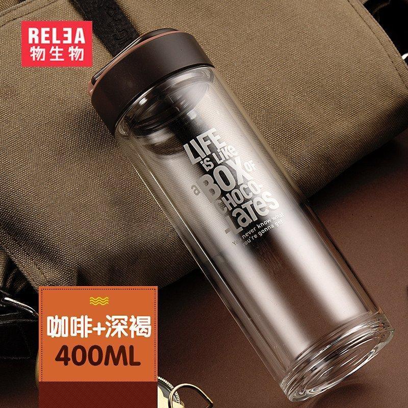 物生物(RELEA)悦己便双层玻璃杯创意过滤运动便携带盖提手悦己杯泡茶杯水杯... 咖啡色