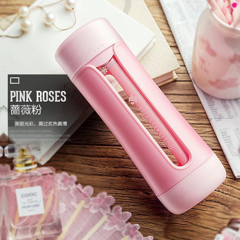 物生物(RELEA)玻璃杯320ML男女双层创意防摔便携水杯随手杯子带盖泡茶杯过滤. 粉色