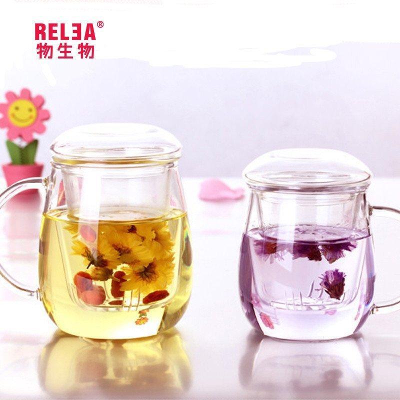 物生物(RELEA)蘑菇杯耐热创意玻璃杯夏天水杯女带盖杯子过滤透明花茶杯. 情侣套装（500ml+320ml）