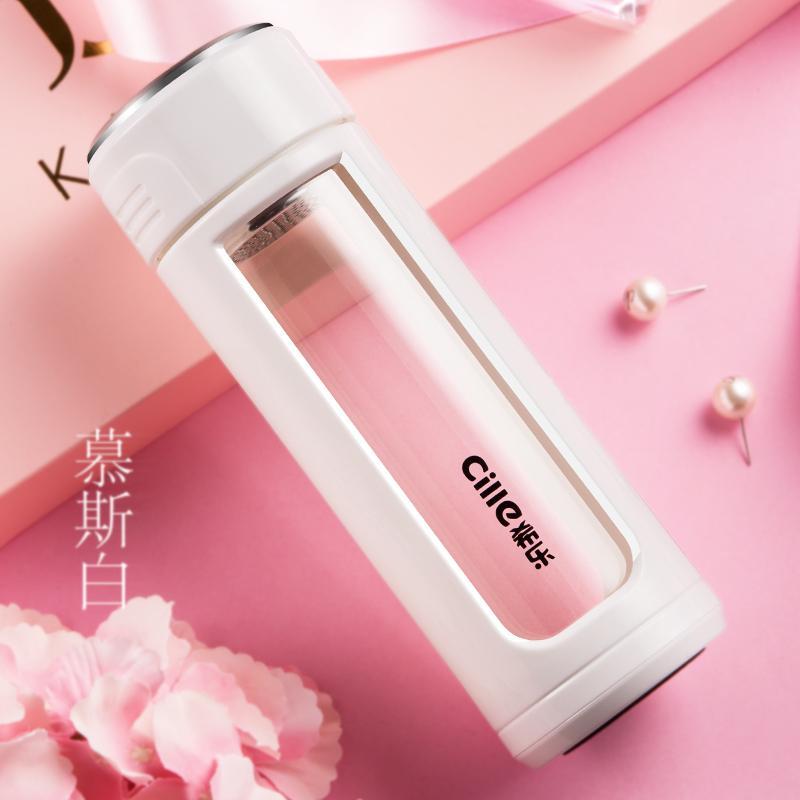 希乐水杯玻璃杯家用男女士便携茶杯车载带过滤杯子防漏带盖随手杯320ml 白色