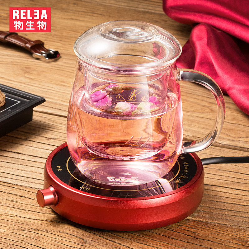 物生物(RELEA)带盖玻璃杯水杯创意过滤茶杯恒温宝套装蘑菇杯恒温宝套装._1 500ml+红色恒温宝
