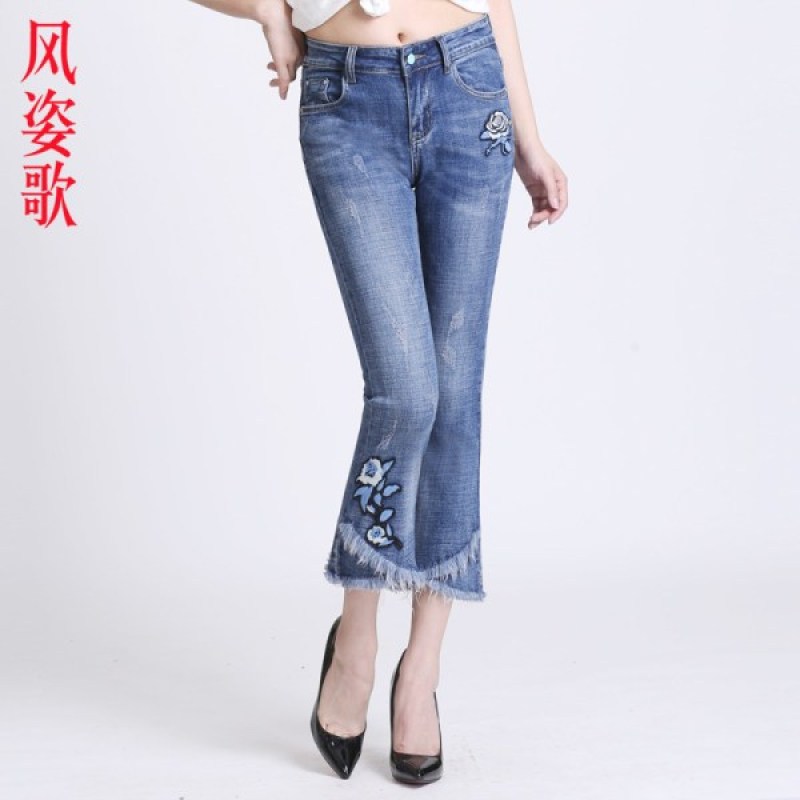 风姿歌2018夏季弹力民族风微喇毛边刺绣花九分牛仔裤大码女装 水洗蓝596 33
