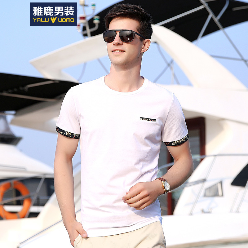 雅鹿男装短袖t恤 时尚潮流青年男装上衣圆领修身T恤衫 T008 180/52 白色