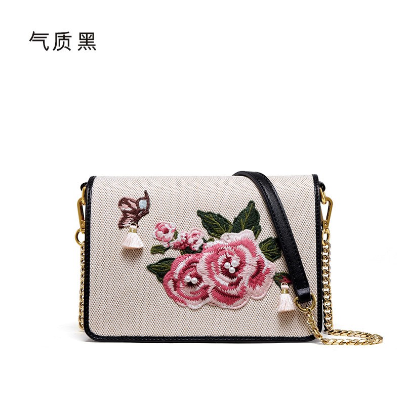 拉菲斯汀2018新款时尚民族风刺绣小方包链条女包绣花单肩包斜挎包 气质黑