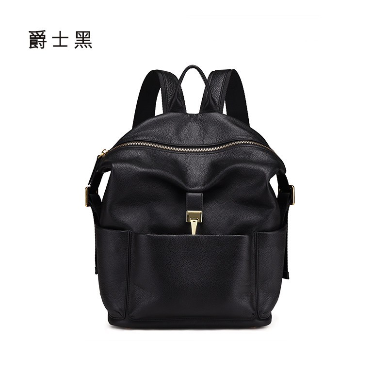 拉菲斯汀2018新款简约双肩包女头层牛皮韩版软皮旅行包大容量背包 爵士黑
