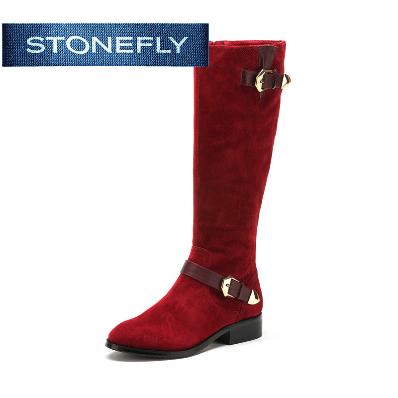 斯通富来STONEFLY冬季绒面羊皮革方跟时尚皮带扣长靴女SD44117073 红色 34