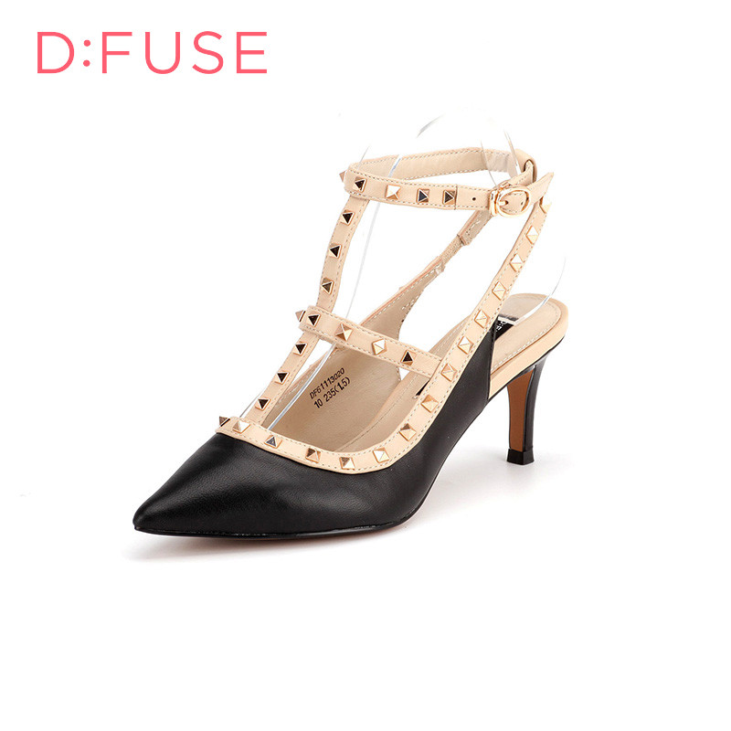 D：Fuse/迪芙斯春羊皮铆钉T型带欧美女鞋DF61113020 10黑色 39