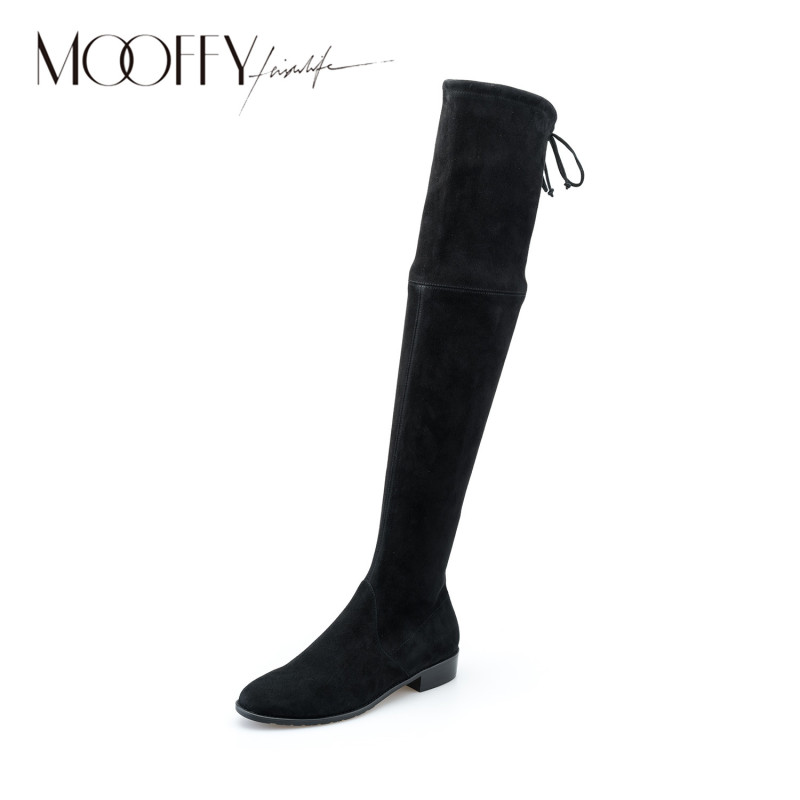 MOOFFY冬季新款百搭低跟显瘦弹力绒面过膝长靴MFF4116005 黑色 37