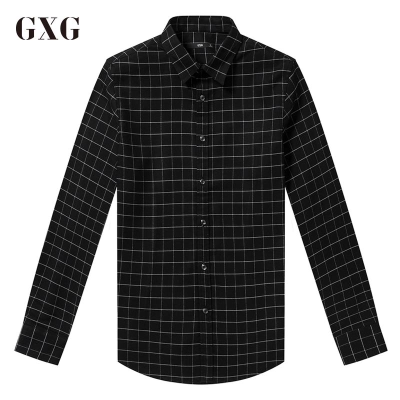 GXG衬衫男装春季男士时尚休闲潮流衬衣黑白格子长袖衬衫男_1 165/S 黑白格