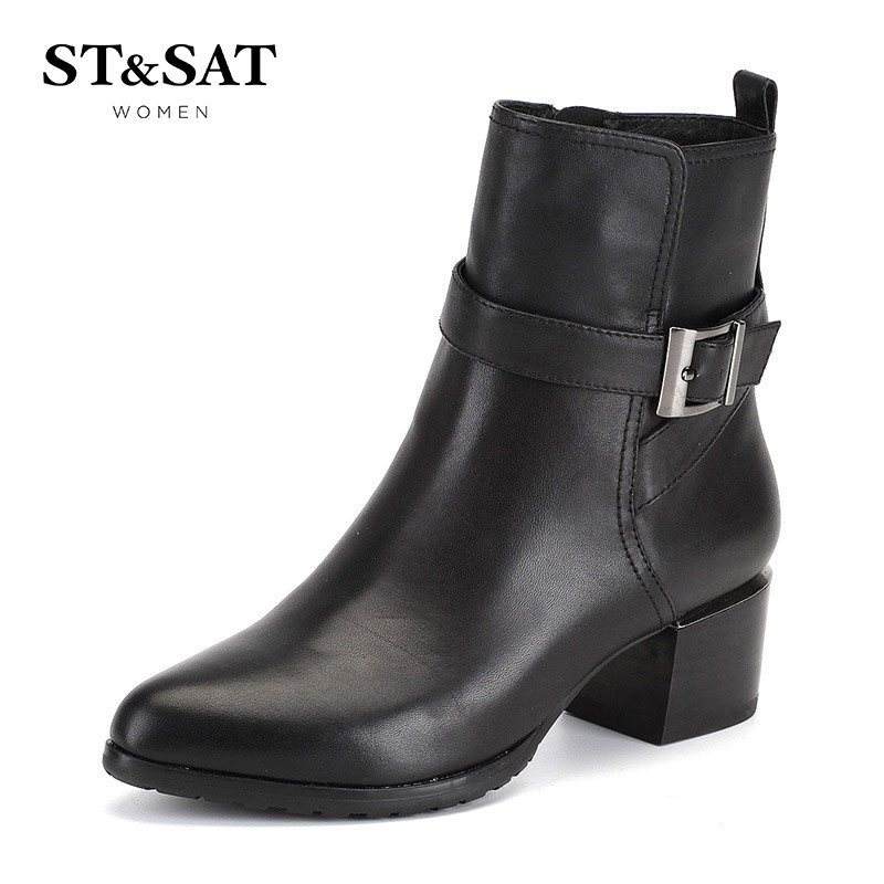 ST&SAT星期六专柜牛皮英伦尖头粗跟金属扣短靴SS54112160 黑色 37