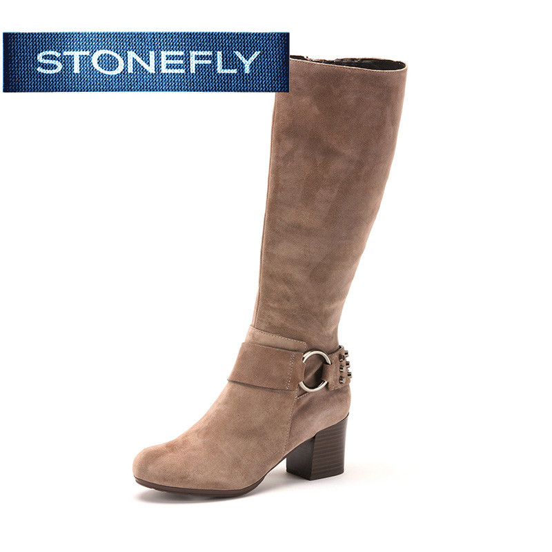 斯通富来STONEFLY冬季牛皮革皮带扣高跟休闲长靴女鞋SD44117074 灰色 34