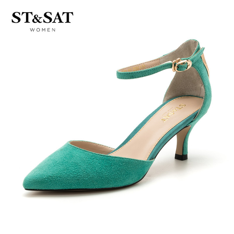 ST&SAT/星期六 简约百搭尖头低跟中后空单鞋女鞋SS61117748 绿色 38