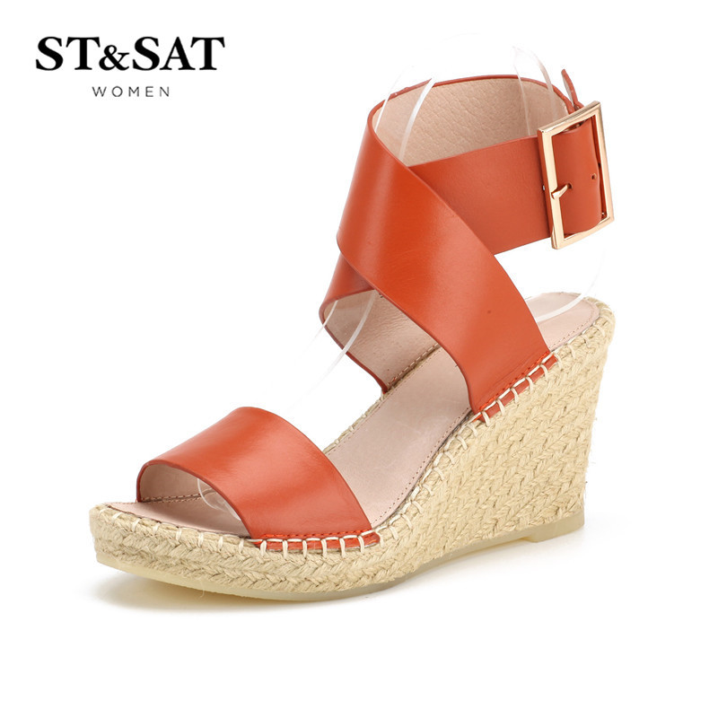 St&Sat/星期六凉鞋夏季高跟草编坡跟一字带凉鞋女鞋子SS62118169 桔红色 37