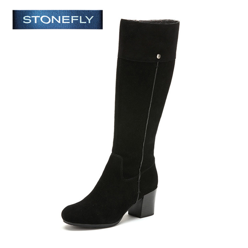 斯通富来STONEFLY复古牛皮尖头中跟拉链绒面显瘦长靴冬SD44111220 黑色 37