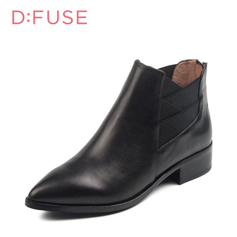 D：Fuse/迪芙斯切尔西短靴女秋冬牛皮尖头低跟女鞋DF64117076 10黑色 39