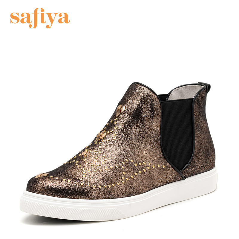 Safiya/索菲娅 冬款爆裂PU时尚低跟铆钉女平底短靴SF64115039_UIn51 22金色 39