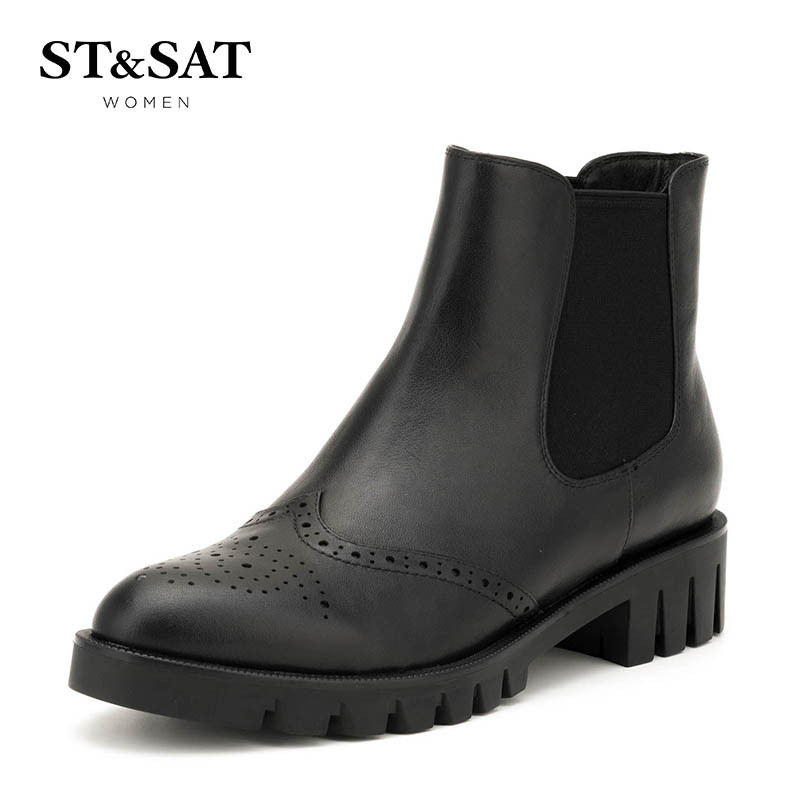 St&Sat/星期六冬切尔西短靴女尖头粗跟英伦女靴子SS64117206 10黑色 39