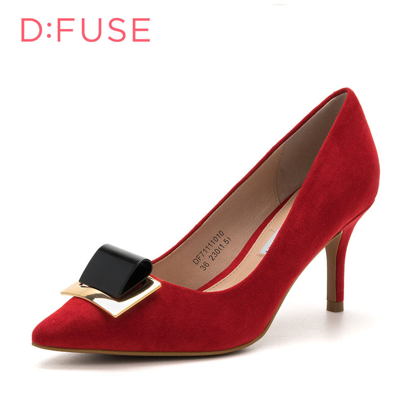 D：Fuse/迪芙斯绒面羊皮革尖头浅口高跟女鞋优雅单鞋DF71111010 36桔红色 36
