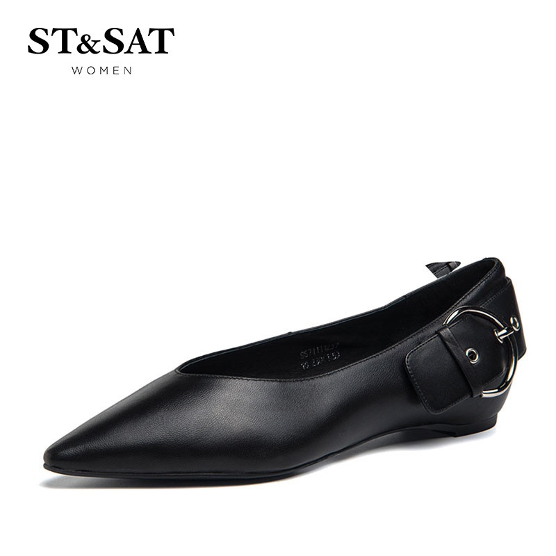 St&Sat/星期六羊皮尖头舒适单鞋女奶奶鞋SS71111237 10黑色 35
