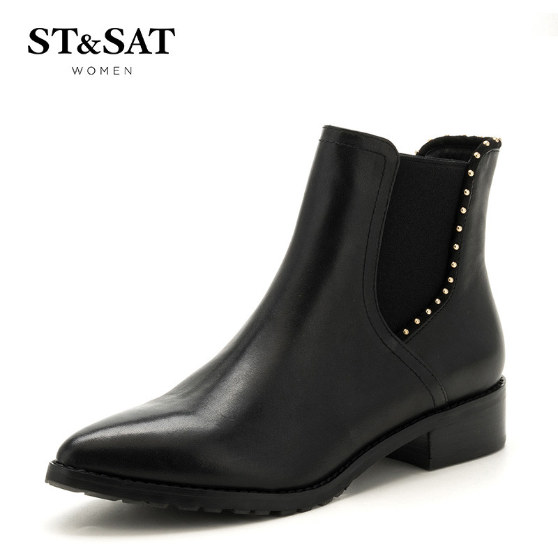 St&Sat/星期六冬新款切尔西短靴女牛皮尖头铆钉女靴子SS64117071 10黑色 35