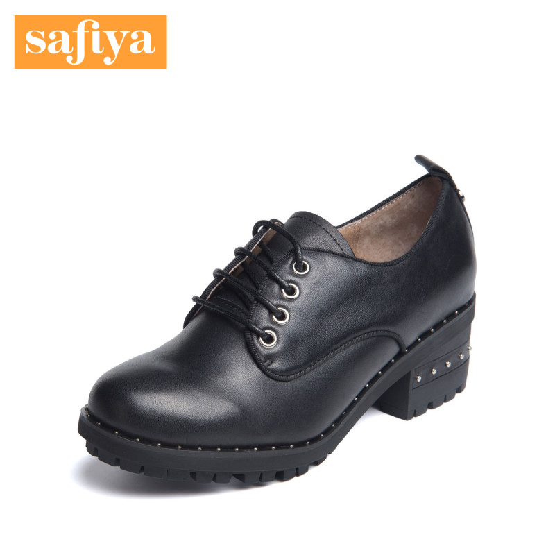 Safiya/索菲娅新款牛皮圆头系带中跟粗跟单鞋女鞋SF63112105 10黑色 39
