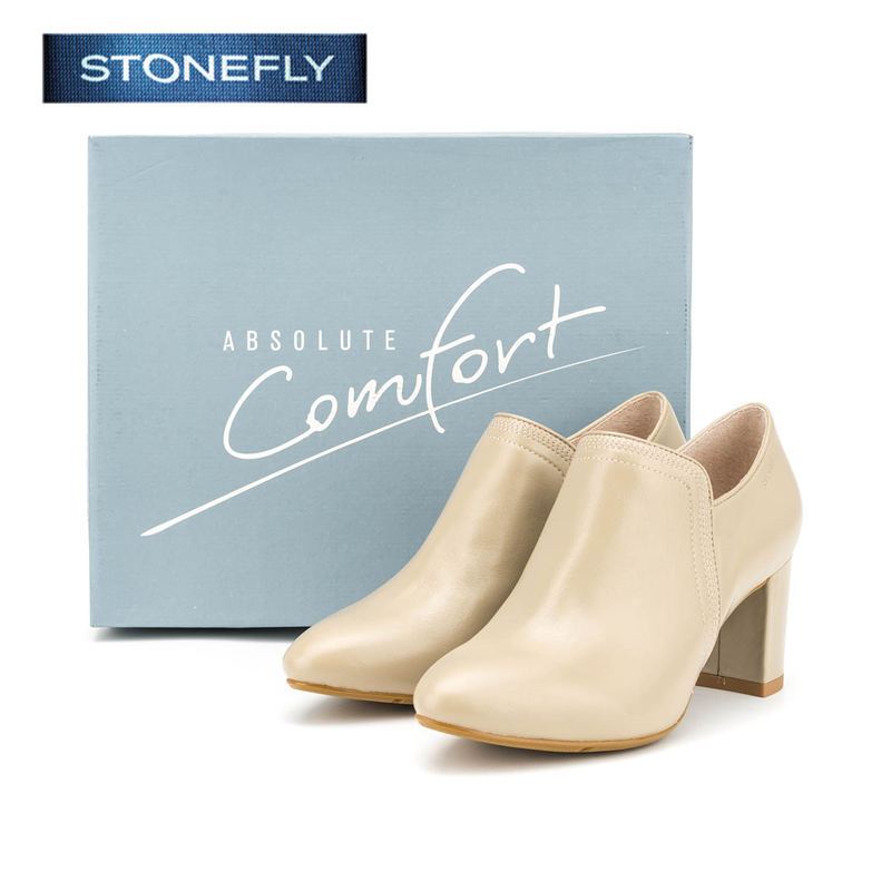 斯通富来STONEFLY牛皮尖头中跟套脚纯色深口女鞋SD63112707 深杏色 36